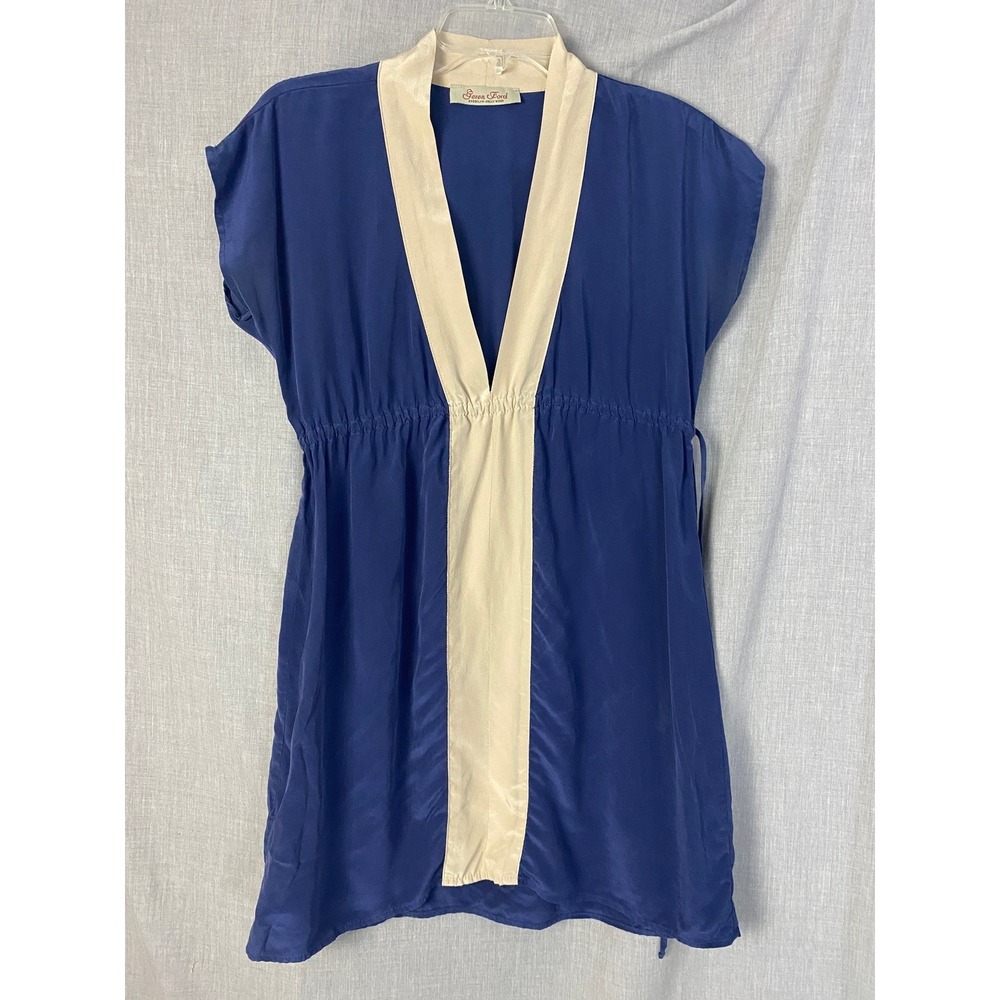 Geren Ford Navy Cream 100% Silk Mini Dress Deep V Minimalist Y2K Size S